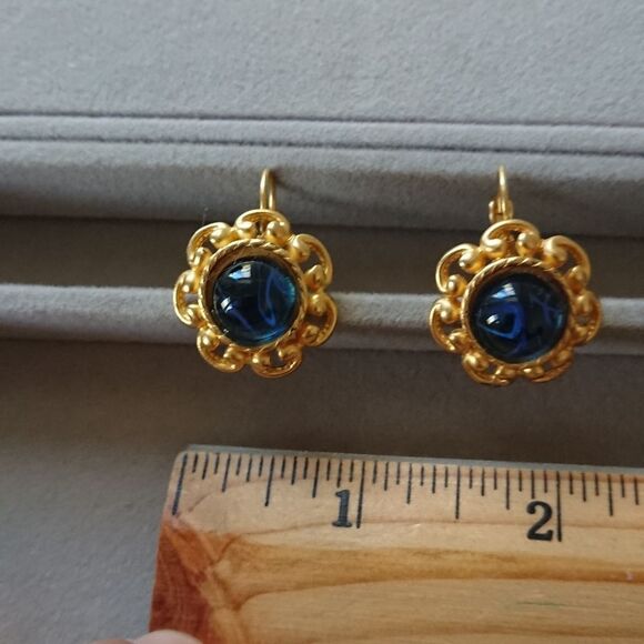Vintage Cabochon Huggie style Blue and Gold Round Chunky Earrings - Picture 5 of 9